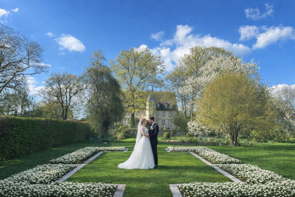 Beet Blumenmeer Schloss von Hammerstein, Freie Trauung, Brautpaarshooting, Hochzeitslocation Schlossgarten, Schlosshochzeit
